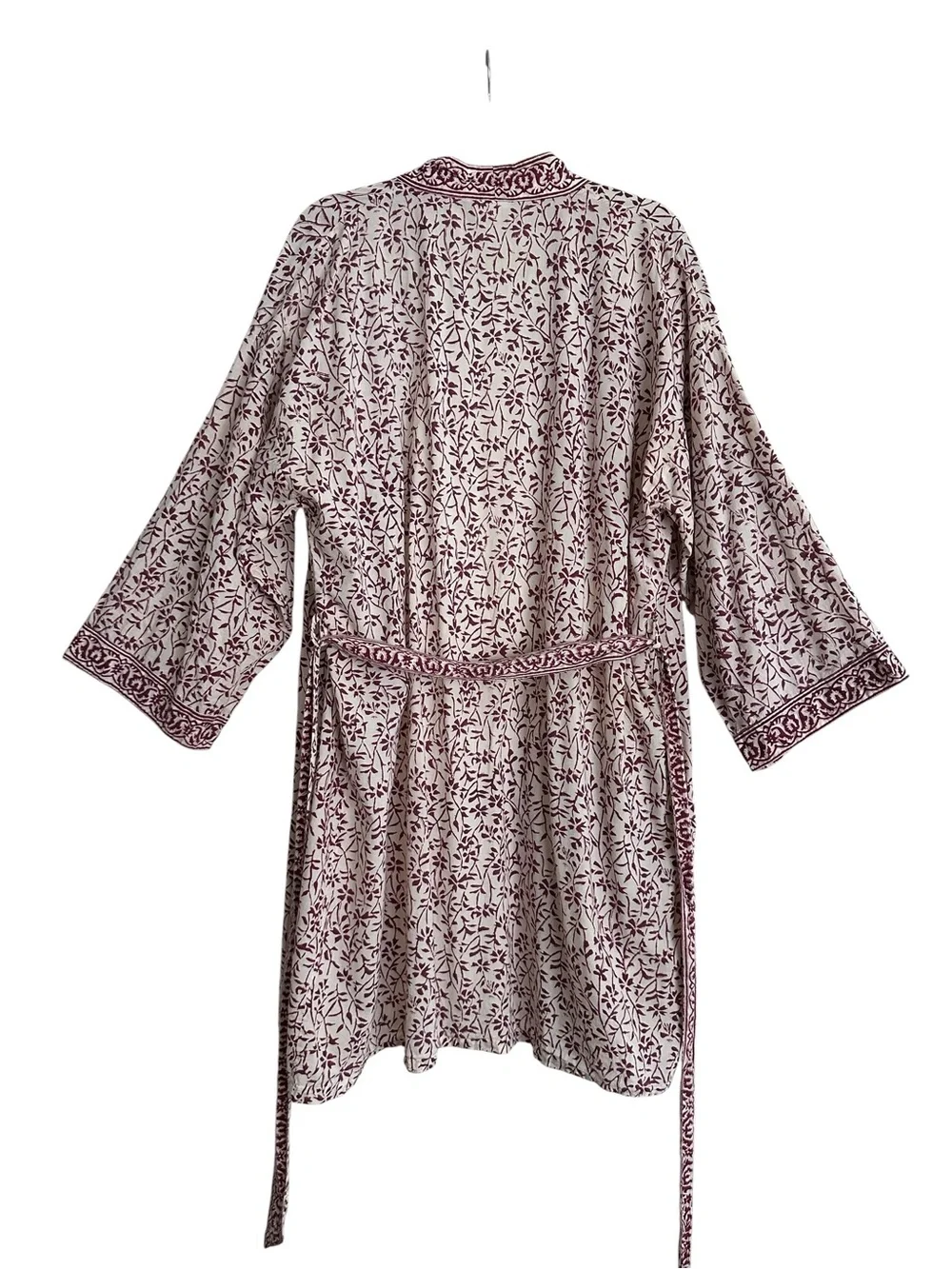 ANOKHI Cotton Block Print Kimono Robe Free Size Boho Burgundy Floral Loungewear
